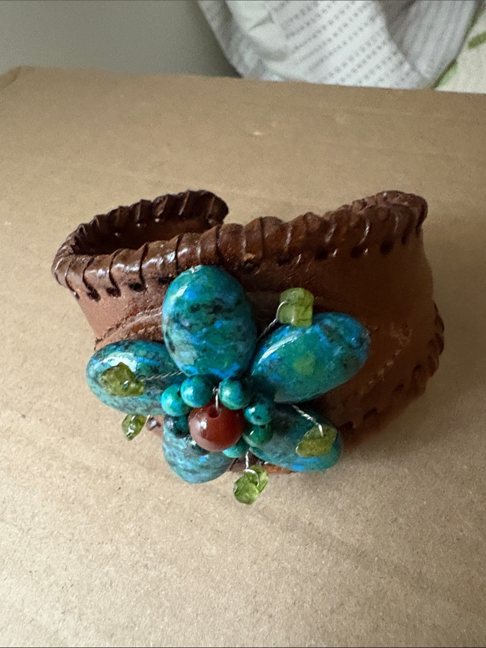 Brown Leather Cuff Bracelet with Turquoise Flower Accent